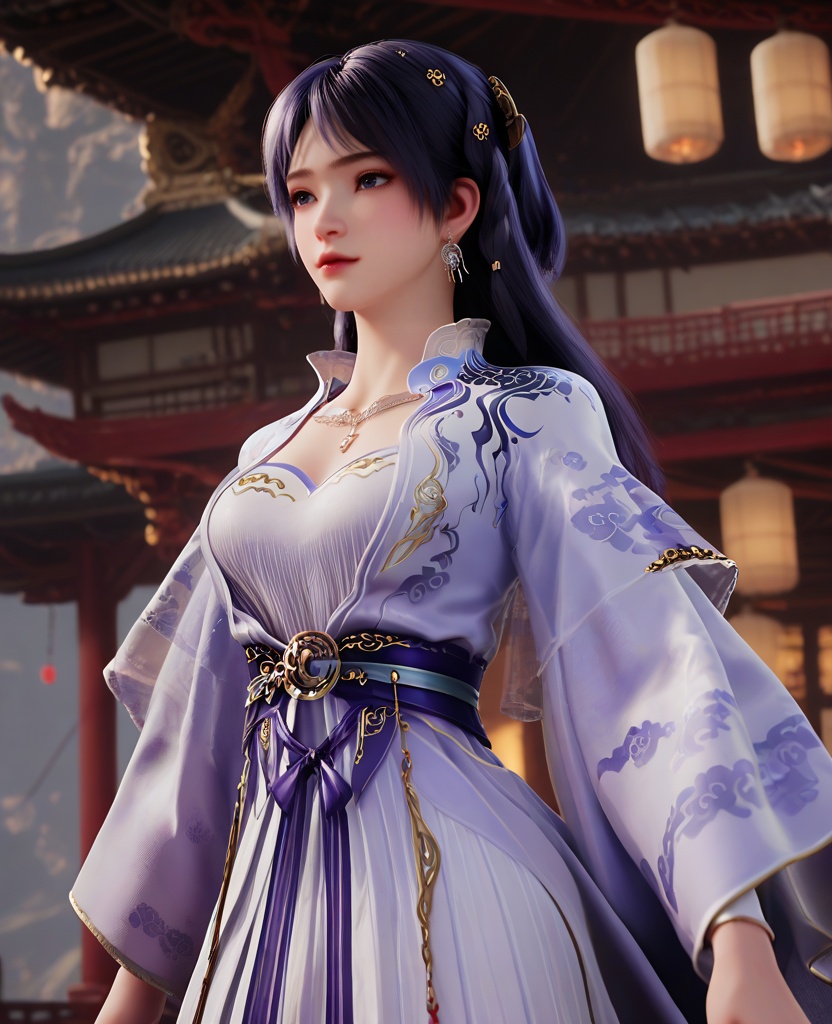 (oriental architecture, elegant decor, sophisticated style:1.1),(straddling:1.1),(breasts:1.2),<lora:XL16遮天姬紫月宫装:0.95>,miss jiziyue,pastel blue wrap coat,white see-through lining dress,sash,dark purple hair,high tie half ponytail,long hair,hair ornament,earrings,necklace,lips,, score_9,score_8_up,score_7_up,score_6_up,score_5_up,score_4_up,3d rendering,tag1,tag2, Cinematic Lighting,backlighting,