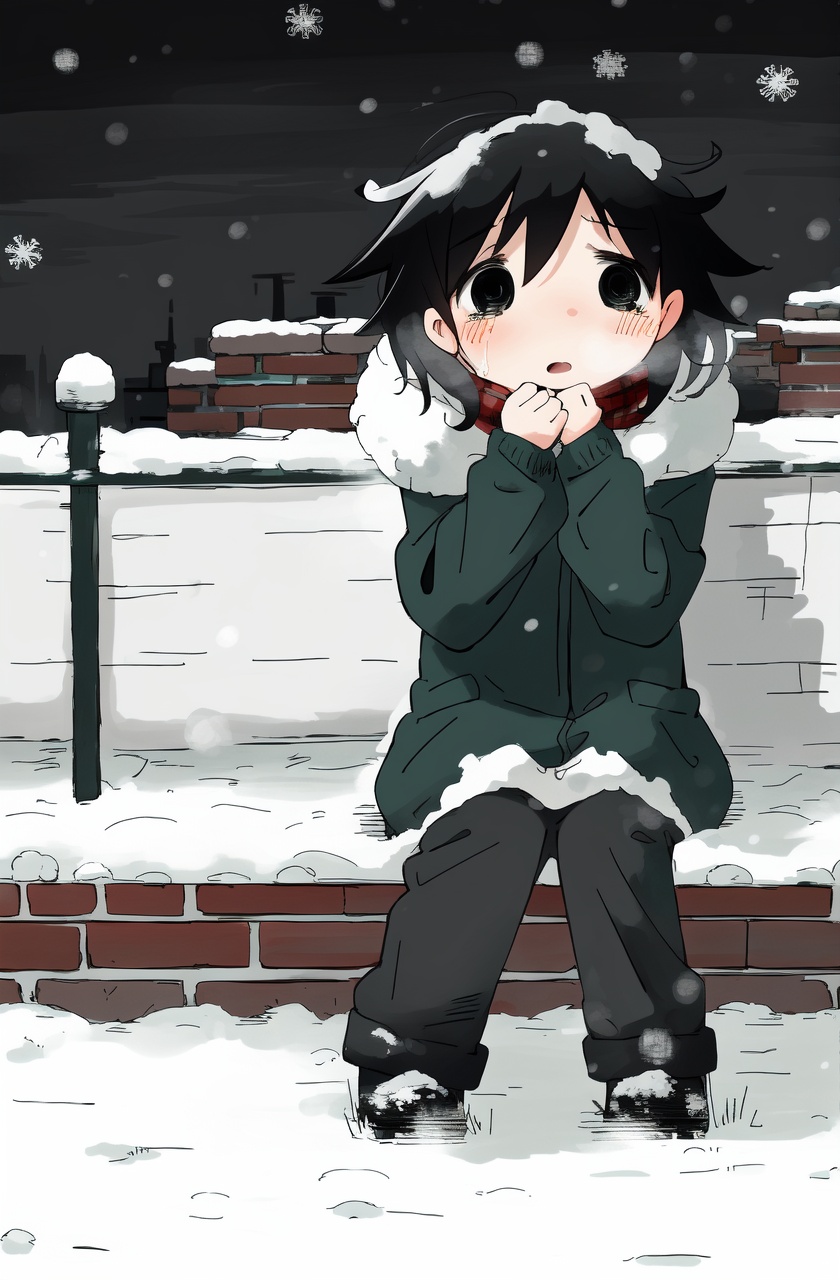 masterpiece,best quality,absurdres,1girl,black hair,fur trim,grey sky,overcast,black eyes,green coat,blush,long sleeves,snow,red scarf,bangs,snowing,crying with eyes open,full body,(night:1.4),hand on own face,sitting,brick wall,against wall,wavy mouth,