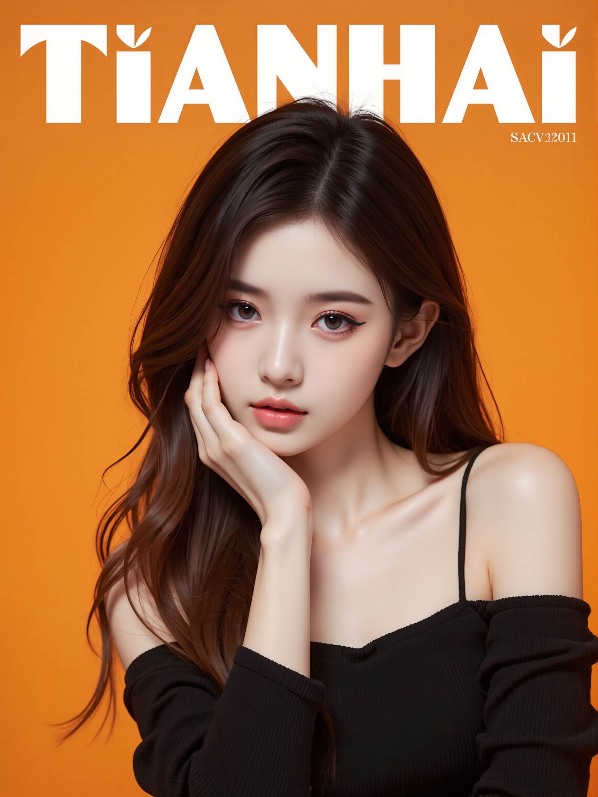 This is a high-resolution photograph of a young East Asian woman with long, wavy brown hair and a fair complexion, set against a solid orange background. She is standing against a flat surface, with her left hand gently touching her cheek, and her right hand resting by her side. She is wearing a black, off-the-shoulder top with thin straps, revealing her shoulders and upper arms. Her makeup is minimal yet elegant, featuring natural-looking eye shadow and a soft, neutral lip color. The overall aesthetic is clean and modern, with a focus on her serene expression and delicate features. The text "TIANHAI" is prominently displayed in large, bold white letters at the top of the image, with the "T" and "H" in the text having a stylized, geometric shape. The background is a solid, bright orange, which contrasts sharply with her dark hair and clothing, making her stand out vividly. The image is styled in a fashion editorial or magazine cover format, with a clear focus on the subject's face and upper body, capturing a sense of elegance and sophistication.