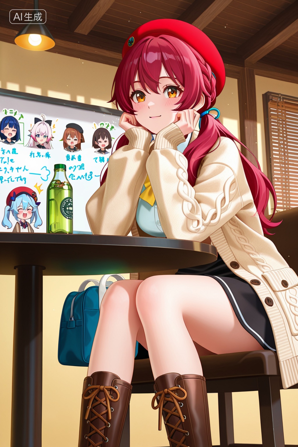 hh,anime-style illustration,three female characters sitting at a round black table in a cafe,detailed digital art,medium shot,brown-haired girl with long twin tails and red hair tie,wearing a brown jacket and black skirt,leaning forward with a surprised expression,white-haired girl with a red beret and red hair tie,wearing a beige coat and white shirt,holding a green bottle and smiling with a slight blush,pink-haired girl with long hair and blue hair tie,wearing a beige sweater and black skirt with lace-up brown boots,sitting close to the table,blue and white bag with yellow bow on the table,whiteboard with chalk writing in the background,soft lighting,warm color palette,expressive faces,detailed clothing textures,character designs with distinct hair colors and accessories,cafe setting with modern and cozy atmosphere,dynamic and lively composition,characters engaged in a casual conversation,detailed background with blinds and ceiling lights,relaxed and friendly mood,emphasis on character interaction and expressions,anime aesthetic with clean lines and vibrant colors,high-quality digital illustration,focus on character emotions and interactions,detailed rendering of hair and clothing,cafe environment with a relaxed and friendly vibe,anime character design,detailed and expressive anime art,anime style,detailed hair and clothing,medium shot,detailed background,relaxed and friendly atmosphere,anime art style,detailed illustration,anime girls,casual setting,detailed background,detailed characters,expressive anime style,detailed hair,detailed clothing,anime aesthetic,detailed illustration,medium shot,high quality digital art,detailed anime style,detailed hair,anime style,detailed anime characters,detailed background,detailed anime illustration,casual atmosphere,detailed anime illustration,anime style art,medium shot,detailed anime illustration,relaxed atmosphere,, Negative prompt: low quality,blurry,bad anatomy,disfigured,poorly-drawn face,abnormal body proportions,extra limbs,watermark,signature,(worst quality:1.6),(low quality:1.6),(normal quality:1.6),(watermark:1.2),(bad anatomy:1.2),(bad fingers,:1.8),(signature:1.2),error,worst quality,low quality,sketches,lowres,monochrome,grayscale,worstquality,text,logo,cropped,bad proportions,out of focus,username,bad body,long body,long neck,deformed,bad hands,mutated hands and fingers,malformed hands,poorly drawn hands,mutated hands,too many fingers,extra limb,,nsfw, Steps: 30, Sampler: Euler a, CFG scale: 7.0, Seed: 4242600065, Size: 1024x1536, Model hash: e24e9cdf73, Model: 星美XM-ILL-3DCG-V1.0_1.safetensors, Denoising strength: 0, RNG: CPU, Lora 1: ereyutyiuyo, Lora Hash 1: cfcc851c28, Lora Weight 1: 0.8, vae_name: automatic