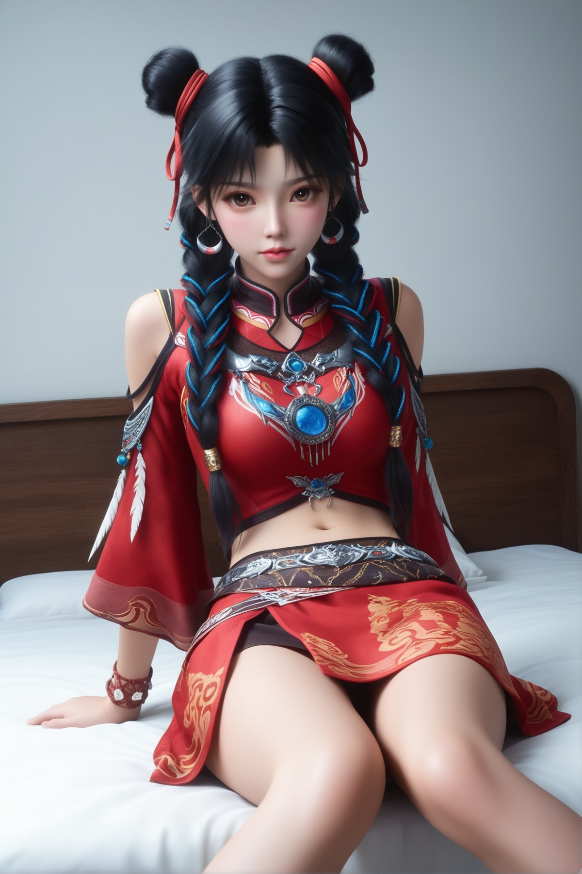 masterpiece,best quality,realistic,cinematic,detail eyes,(ultra-detailed),perfect composition,intricate details,absurdres,detailed face,high quality,high res,8K,<lora:X_luoluo_IL4.0:0.8>,black hair,brown eyes,twin braids,double bun,1girl,jewelry,skirt,bracelet,red skirt,wide sleeves,braid,multiple braids,chinese clothes,midriff,navel,ribbon,shirt,shoulder cutout,belt,looking at viewer,hair ribbon,crop top,parted bangs,miniskirt,sitting,white wall,bed,