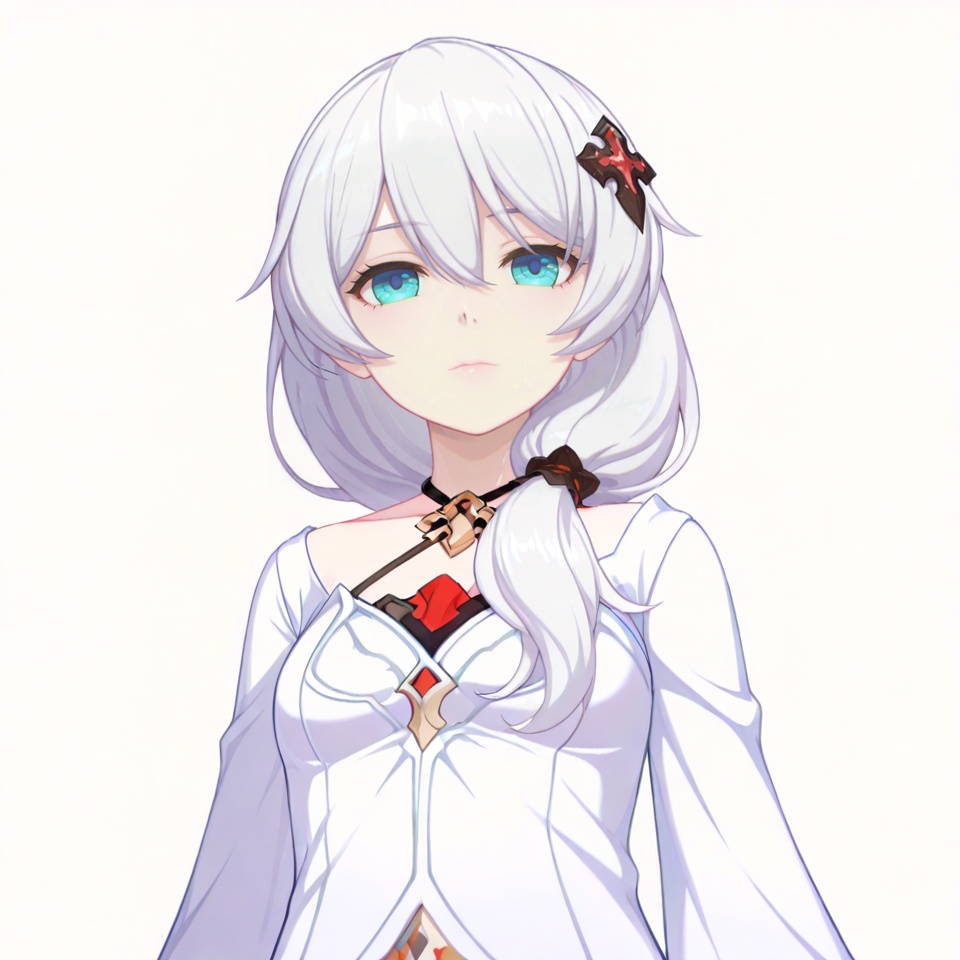 masterpiece, best quality,(white background:1.2),looking at viewer,SOLO,simple background  game_cg_style,theresa apocalypse,white hair,eyebrows visible through hair,blue eyes,silver hair,low-tied long hair,hair between eyes,bangs,<lora:德丽莎-ILL:0.8>