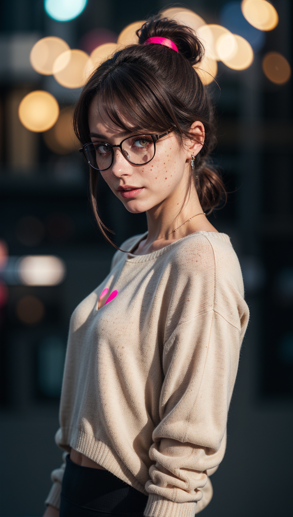 woman,  wearing glasses,  lights bokeh background on Tensor.Art
