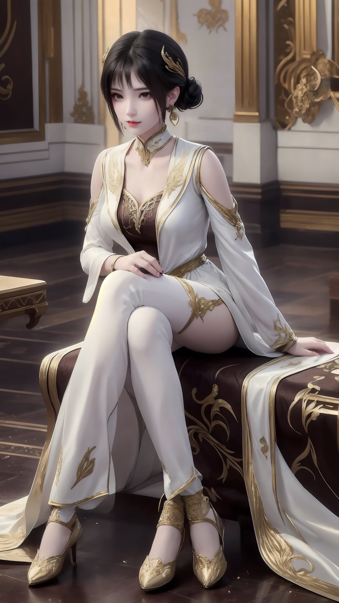 The image is a digital illustration of a young woman sitting on the floor in a luxurious room with ornate decorations. She is wearing a white and gold outfit with a high neckline and long sleeves,and her hair is styled in a sleek updo with gold accents. She has a pair of gold earrings on her head and is holding a cigarette in her hand. The woman is sitting with her legs crossed and her hands resting on her knees. She appears to be deep in thought,with a serious expression on her face. The room has a high ceiling with intricate designs and a chandelier hanging from it. The overall mood of the image is elegant and regal..,<lora:1.5丹晨(2):0.8>,