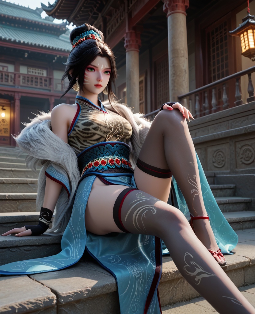 (oriental architecture, elegant decor, sophisticated style:1.1),(Sitting on a staircase, looking upward,:1.1),(breasts:1.2),<lora:XL16牧神记白虎堂:0.95>,1girl,white fur coat with leopard print,(facepaint:1.2),green eyes,black hair,single hair bun,black gloves,sharp fingernails,sash,(thighhighs:1.2),earrings,, score_9,score_8_up,score_7_up,score_6_up,score_5_up,score_4_up,3d rendering,tag1,tag2, Cinematic Lighting,backlighting,