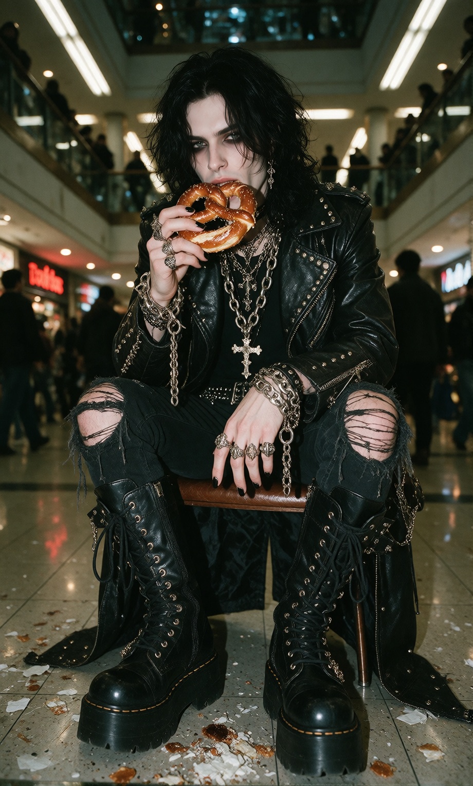 2002 mall goth candid,  towering pale man with waist-length black hair,  dramatic eyeliner on Tensor.Art