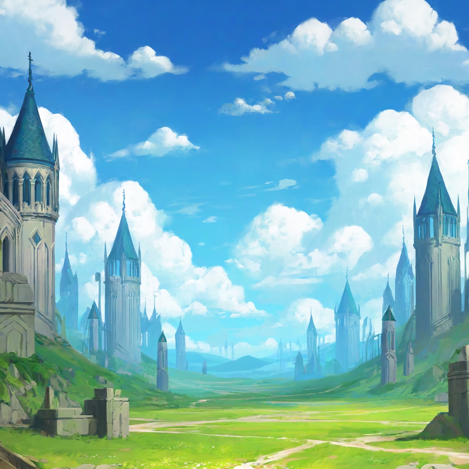 @riot.This image depicts a vibrant and fantastical landscape,  likely from a fantasy or medieval-themed game or artwork. T...