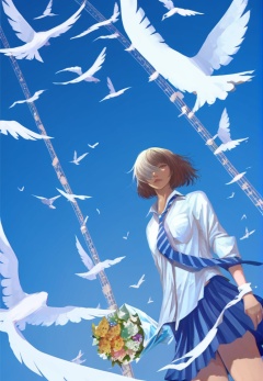 (best quality), ((masterpiece)), (highres), illustration, original, extremely detailed, <lora:少女梦绘卷:0.7>1girl, bird, shirt, skirt, solo, blue sky, blue skirt, necktie, bouquet, blue necktie, white shirt, wing collar, dove, collared shirt, flower, pleated skirt, holding bouquet, sky, day, looking at viewer, blue background, brown hair, striped, standing, holding, breast pocket, pocket, school uniform, one eye covered, brown eyes, cowboy shot, outdoors, short hair, closed mouth, striped necktie, flock, diagonal stripes