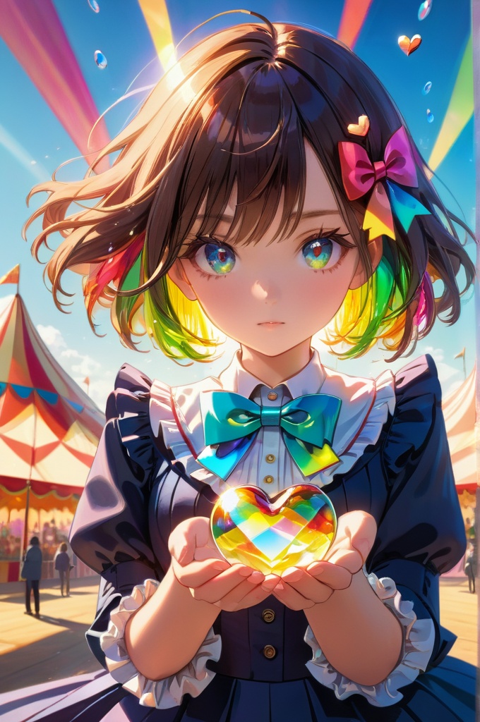 illustration,floating hair,1 girl,(((holding a love in his hand:1.4))),chromatic aberration,caustic,lens flare,dynamic angle,portrait:0.8,solo,cute face,hidden hands,asymmetrical bangs,beautiful detailed eyes,eye shadow,glass strips,floating glass fragments,colorful refraction,beautiful detailed sky,dark intense shadows,cinematic lighting,overexposure,(expressionless),blank stare,big top sleeves,frills,hair_ornament,ribbons,bowties,buttons,small breast,pleated skirt,sharp focus,extremely detailed,colorful,hdr,