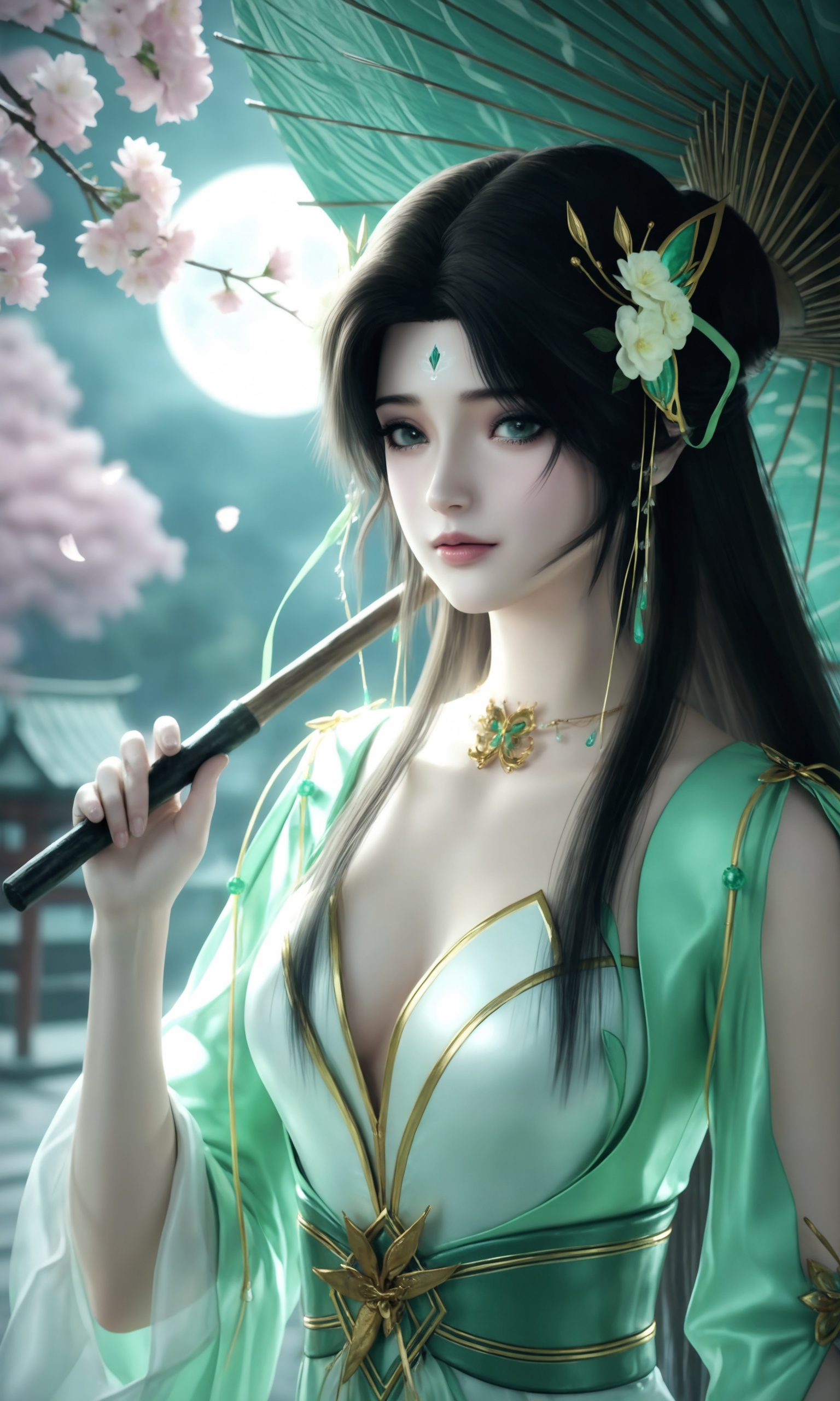 <lora:诛仙碧瑶-伤心花ILL:0.8>,1girl,long,flowing dark hair,flowing,green silk dress with intricate golden embroidery,golden belt,looking at viewer,1girl,umbrella,solo,upper body,holding umbrella,holding,, masterpiece,best quality,solo,1girl,upper body,petals,looking at viewer,moon,branch,cherry blossoms,flower,extreme aesthetic,(quasarcake:0.7),masterpiece,best quality,good quality,newest,very aesthetic,absurdres,A shot with tension,(Visual impact,giving the poster a dynamic and visually striking appearance:1.2),impactful picture,offcial art,colorful,splash of color,movie perspective,