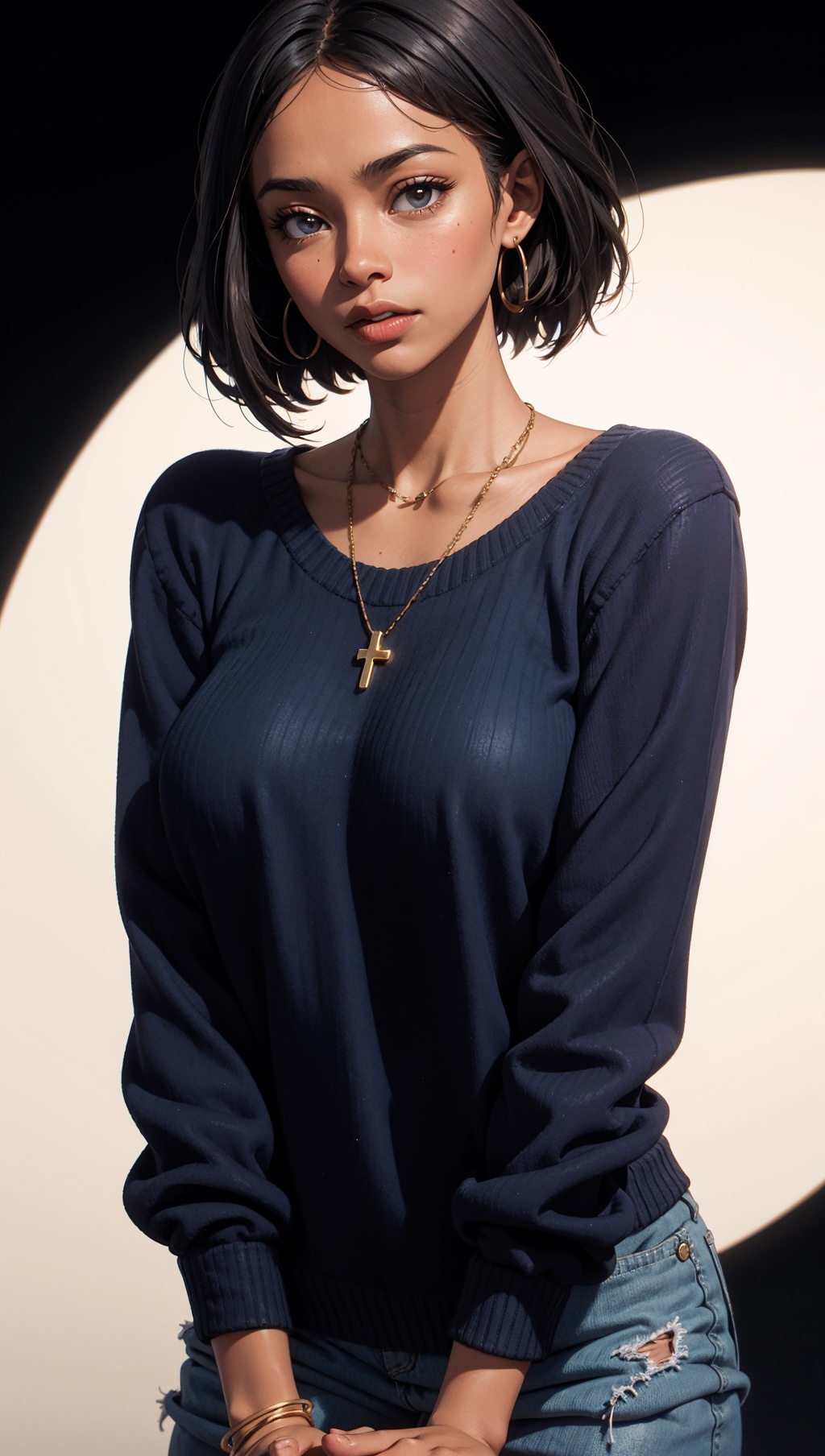 dark skinned african woman,  blue sweater,  black background on Tensor.Art