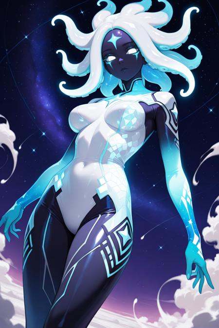 masterpiece, high resolution, 8k wallpaper, ultra-detailed illustration, ultra-detailed background, magnificent details, exquisite details, ultra-detailed eyes, ultra-detailed face,ultra-detailed features, cinematic composition, dynamic angle, dutch angle,1girl, solo, medium breasts, tentacle hair, cosmical body, alien body, glowing white eyes, no pupils, looking at viewer,starry body, demigoddess, celestial body, otherworldly body, power stance,white neon, white aura, extraterrestrial, void, stars, emanator