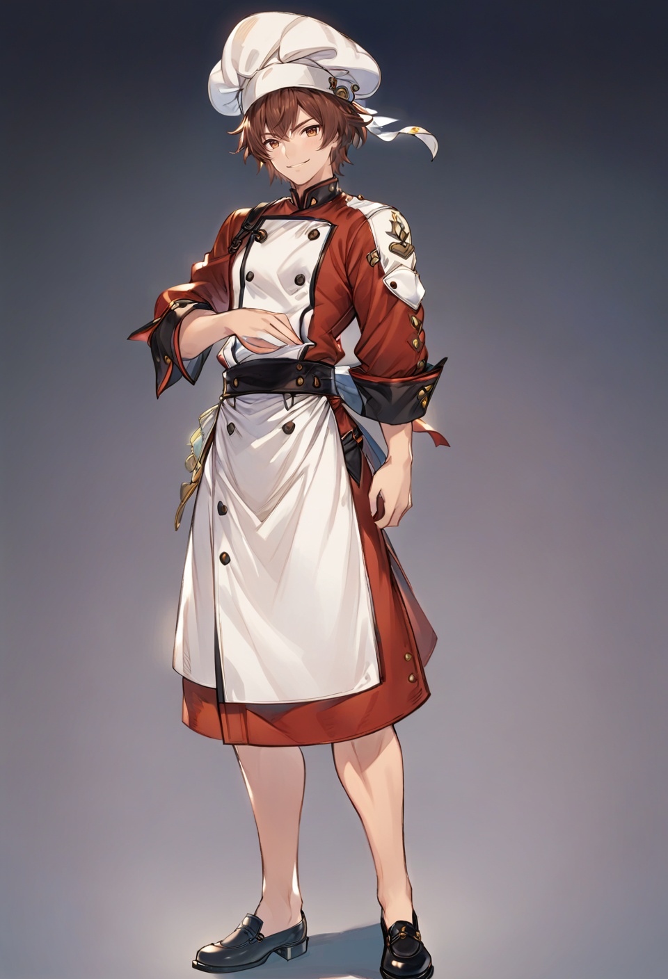 best quality,masterpiece,highres,illustration,original,extremely detailed,anime,erune,1boy,chef,male focus,chef uniform,chef_hat,brown hair,solo,full body,brown eyes,white background,simple background,looking at viewer,smile,short hair,standing,<lora:碧蓝幻想:0.7>,