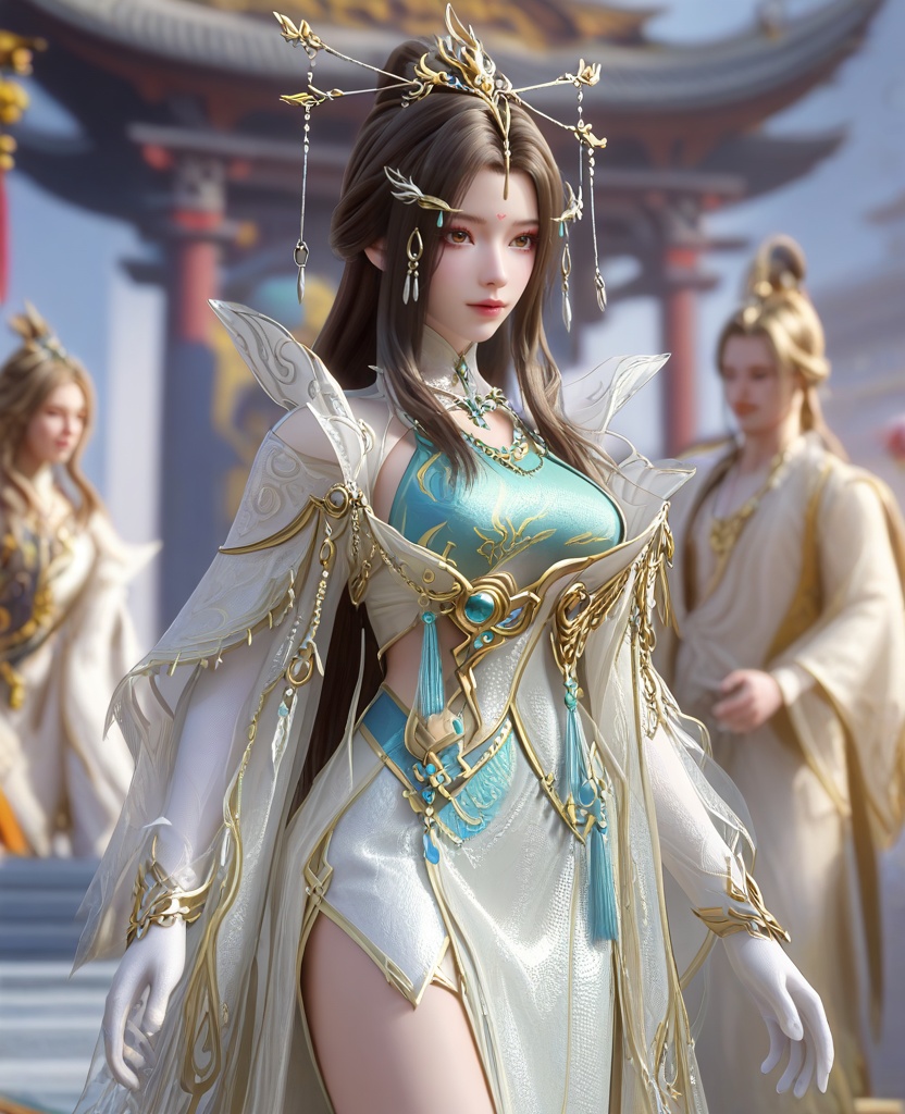 (oriental architecture, elegant decor, sophisticated style:1.1),(Standing naked before a mirror, one hand tracing sensuous circles around her nipple while the other slides down her body towards her core, she channels an intense self-exploration and sexual awakening:1.1),(group profile:1.1),(large breasts:1.2),<lora:XL16云深不知梦云望舒少宗主服:0.95>,miss yunwangshu,white gown with tulle skirt,shawl,brown eyes,forehead mark,very long hair,traditional chinese updo with long front strands,hair ornament,jewelry,blue bandeau,white gloves,, score_9,score_8_up,score_7_up,score_6_up,score_5_up,score_4_up,3d rendering,tag1,tag2, Cinematic Lighting,backlighting,