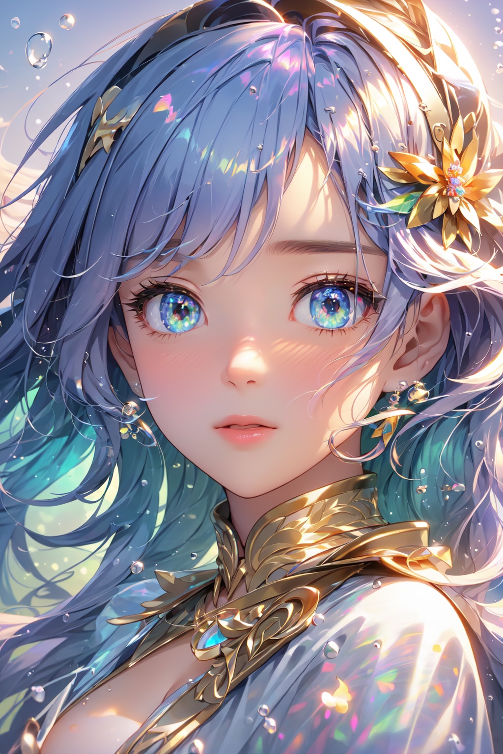 (((masterpiece))),((extremely detailed CG unity 8k wallpaper)),best quality,high resolution illustration,Amazing,highres,(best illumination, best shadow, an extremely delicate and beautiful),Colorful colors,mother of pearl iridescence,1girl,an anime girl with beautiful hair and flowers in her hair, in the style of light gold and azure, colorful fantasy realism, realist detail, 8k resolution, aurorapunk, lovely, close-up,bubble,<lora:digital_colorful:0.8>