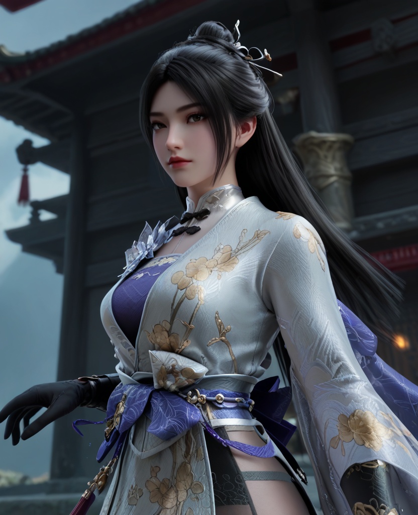 (oriental architecture, elegant decor, sophisticated style:1.1),(painting:1.1),(breasts:1.2),<lora:XL永劫无间顾清寒冰雁:0.95>,miss guqinghan,white dress,purple lingerie,sash,black hair,long hair,hair ornament,black gloves,black pantyhose,fart curtain,, score_9,score_8_up,score_7_up,score_6_up,score_5_up,score_4_up,3d rendering,tag1,tag2, Cinematic Lighting,backlighting,