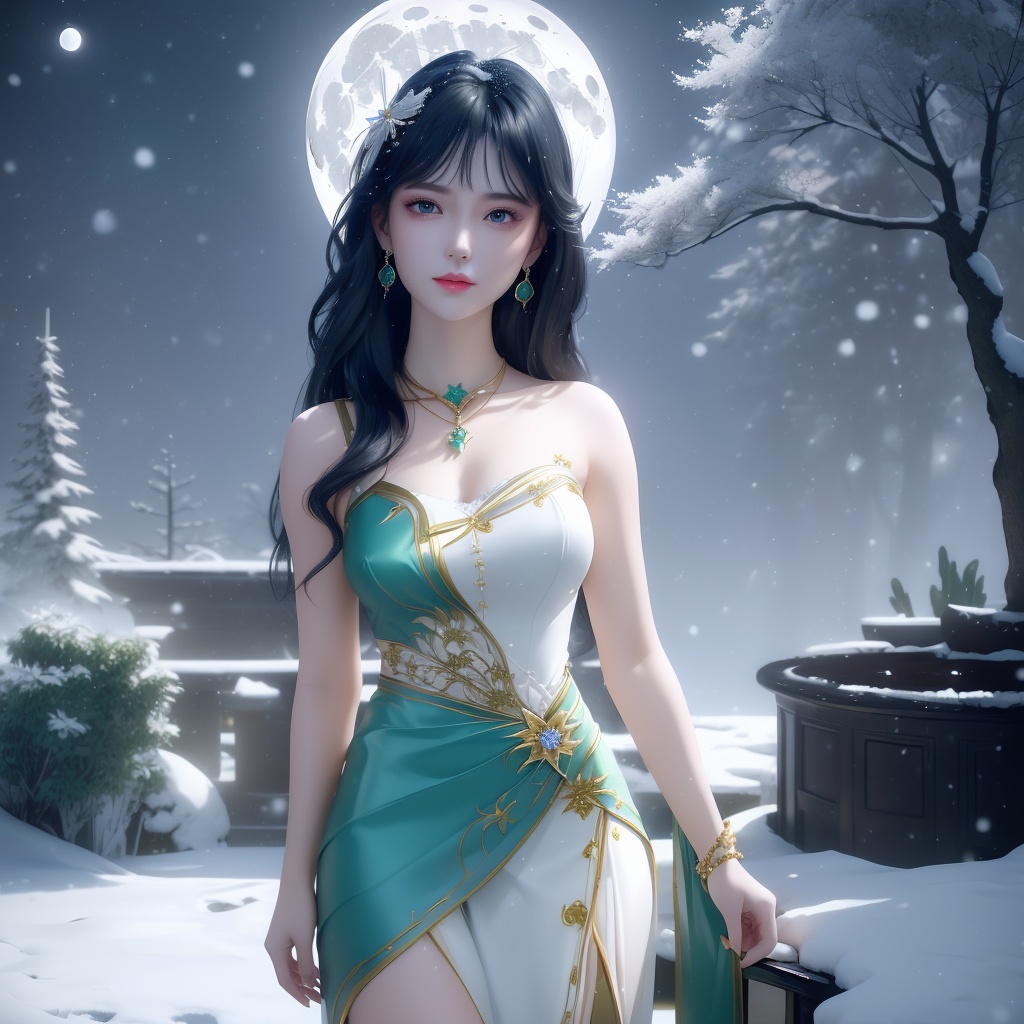 <lora:739-DA-斗破苍穹-慕青鸾:0.8>, (,1girl, ,best quality, ),looking at viewer,  ultra realistic 8k cg, picture-perfect face,   clean, masterpiece,     cinematic lighting, cinematic bloom, fantasy,  , unreal, science fiction, ((,1girl, pov,))(((,tree, 1girl, full moon,snowing,snow ,solo,     solo focus,  long_hair, looking_at_viewer,  )))  (rich:1.4,)     prestige, luxury, jewelry, diamond, gold, pearl, gem, sapphire, ruby, emerald, intricate detail, delicate pattern, charming, alluring, seductive, erotic, enchanting, hair ornament, necklace, earrings, bracelet, ,