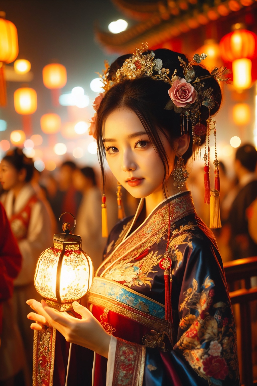 1girl, huge breasts, lantern, hair ornament, chinese clothes, ( red_clothes:1.3),paper lantern, flower, hair flower, blurry, solo focus, black hair, holding, jewelry, looking at viewer, earrings, black eyes, night, lips, depth of field, wide sleeves, blurry background<lora:kim_嫣月楼_v1:0.85>