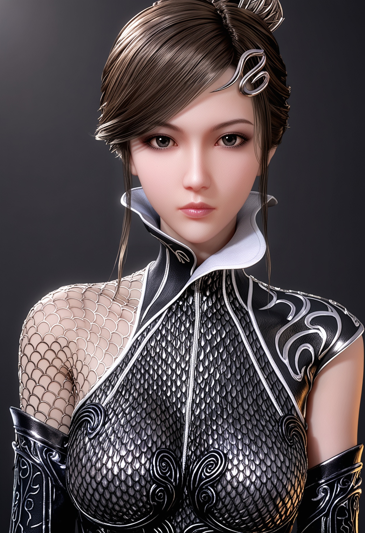 (upper_body:1.2),(looking at viewer:1.1),facing viewer,direct gaze,<lora:YQ_pony_chudaijingni_V4:0.8>,q1528437228,1girl,solo,black hair,brown hair,hair ornament,lips,armor,fishnet pantyhose,black eyes,hair bun,brown eyes,high heels,dress,short hair,bodysuit,gloves,single hair bun,swept bangs,black dress,sidelocks,high collar,chainmail,detached sleeves,elbow gloves,bridal gauntlets,BREAK simple background,pure black background,black background,perfect anatomy,