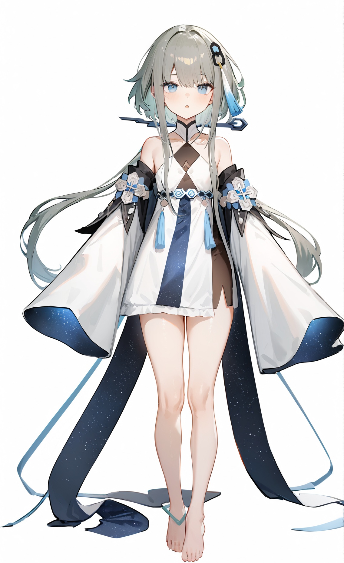 8k, best quality, masterpiece, (ultra-detailed), (high detailed skin), (white background:1.5), (full body), (white background), standing, looking at viewer, (solo), <lora:ping-gui-A3-Tanger:0.8>, guizhong, guizhong's def clothes, 1girl, long hair, blue eyes, barefoot, guizhong's dress, hair ornament, chinese clothes, sleeves past fingers, full_shot, 