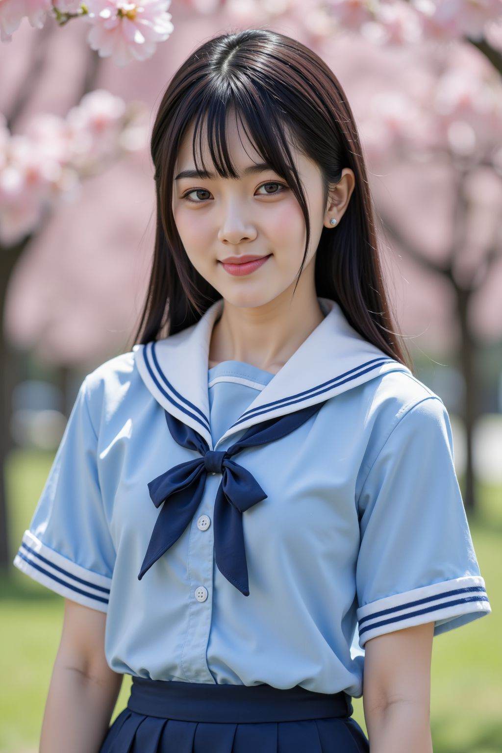 HDR photo of cinematic film still,young girl,solo,black hair,smirk,blue school uniforms,skirt,peach blossom,outdoors,