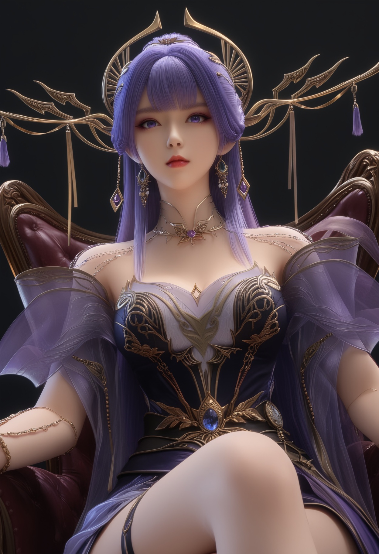 masterpiece,best quality,absurdres,highres,1girl,solo,<lora:新-天穹-ill-000008:0.83>,BREAKtianqiong,purple and black,long hair,purple hair,jewelry,ornate hair ornament,golden headpiece,long dangling earrings,antler-like crown,tassel headdress,collarbone,choker,shoulder chains,arm chain,cleavage,sheer overlay,corset top,high-waisted skirt,thigh strap,high slit skirt,solo focus,sitting,crossed legs,chair,pov,from below,BREAK(white_skin:1.1),(fair_skin:1.1),realistic,simple background,black background,