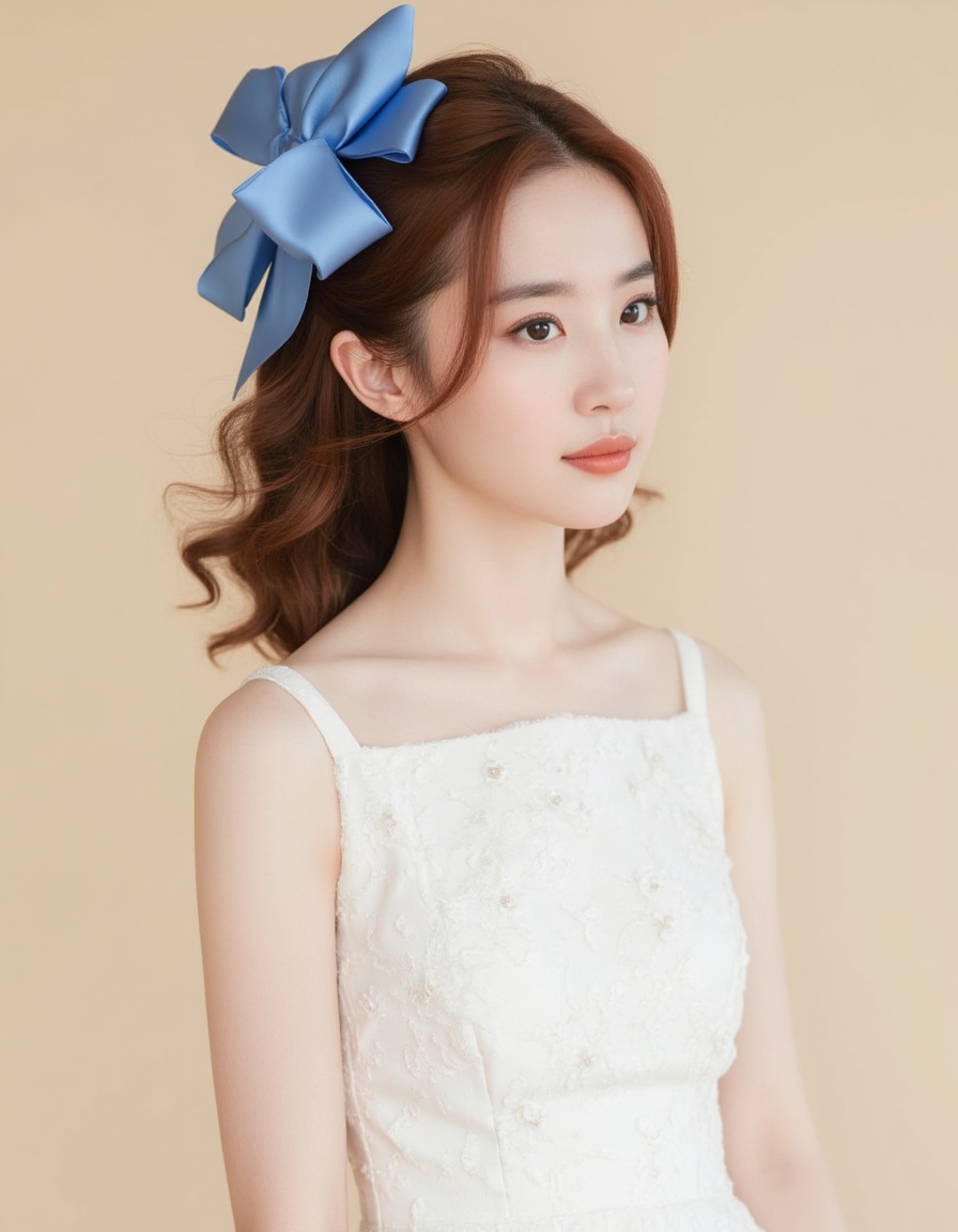 A photograph features a young Asian woman with fair skin and a slender build. She has wavy,  light brown hair adorned with...