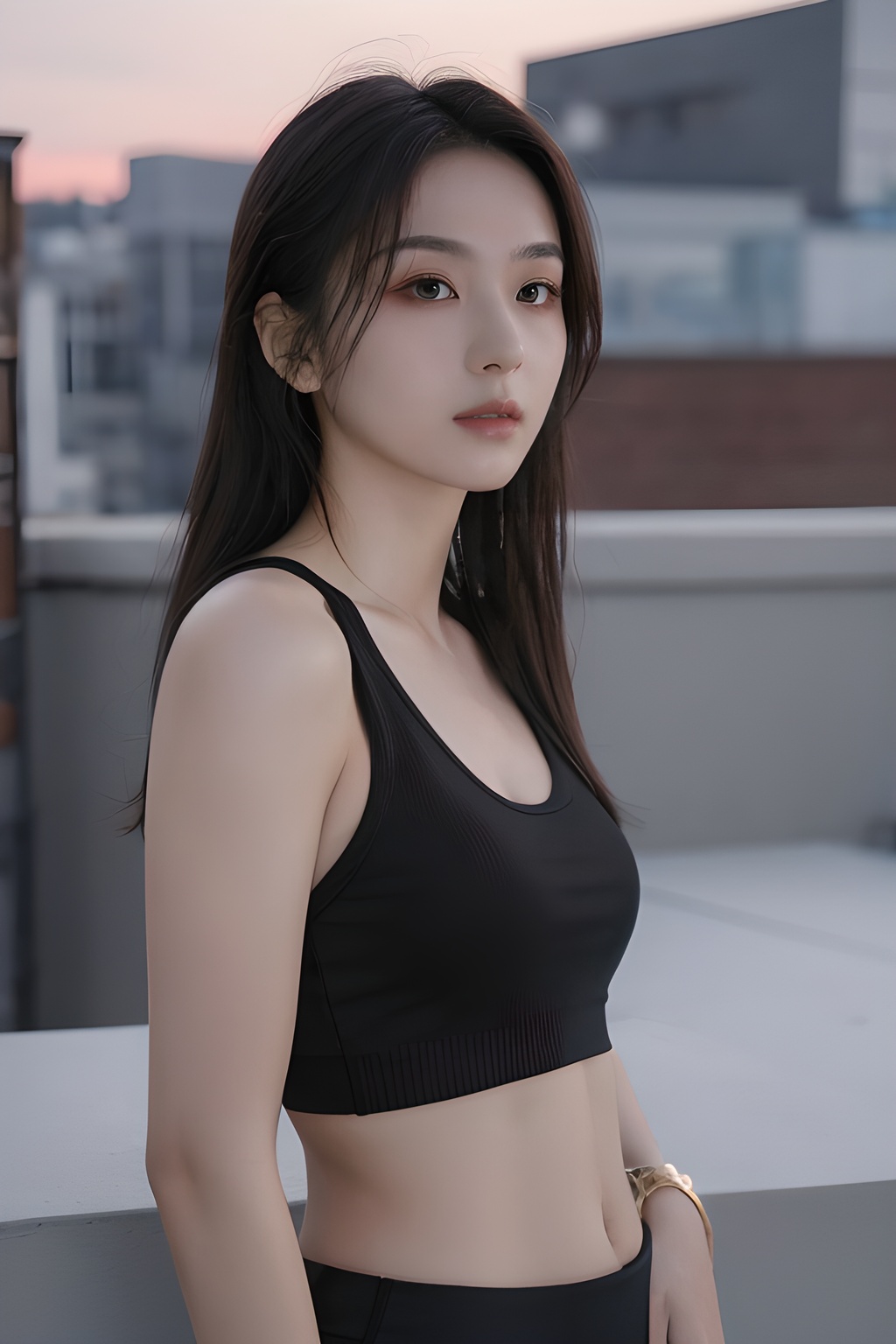 <lora:0814_04:0.7>,Frontal photography,Look front,evening,dark clouds,the setting sun,On the city rooftop,A 20 year old female,Black top,Black Leggings,black hair,long hair, dark theme, muted tones, pastel colors, high contrast, (natural skin texture, A dim light, high clarity) ((sky background))((Facial highlights)),, 1girl,realistic,masterpiece, best quality, photorealistic, HDR,detail