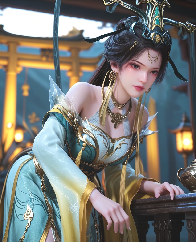 (oriental architecture, elegant decor, sophisticated style:1.1),(Leaning forward, hands on the knees,:1.1),(breasts:1.2),<lora:XL师兄啊王母娘娘:0.95>,empress,aque dress paired with a green tight corset,black hair,long hair,hair bun,hair ornament,tassel earrings,jewelry,tassel,double cuffs,choker,bare shoulders,see-through decorative chiffon,black eyes,, score_9,score_8_up,score_7_up,score_6_up,score_5_up,score_4_up,3d rendering,tag1,tag2, Cinematic Lighting,backlighting,