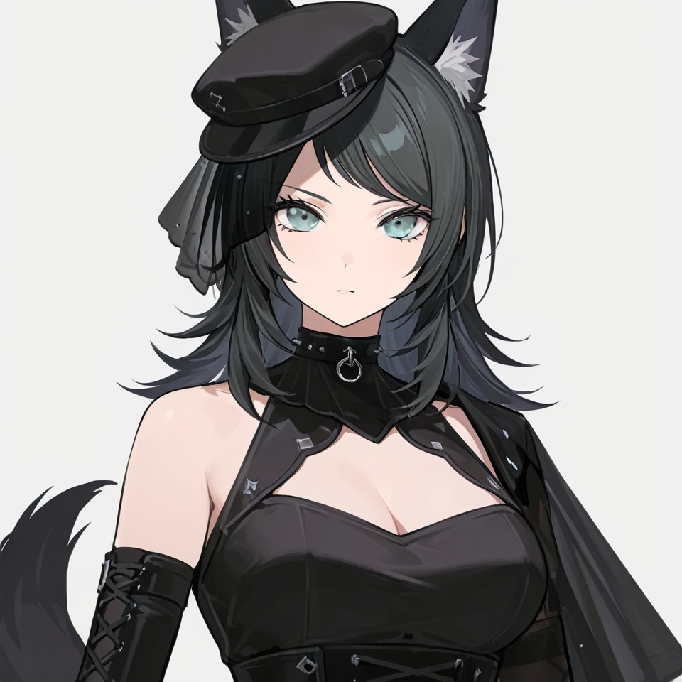 masterpiece, best quality,solo,(white background:1.2),simple background,1girl,looking at viewer,        Yahata Umiri,black hair,long hair,blue eyes,bangs,swept bangs,breasts,shirt,gloves,animal ears,tail,boots,shorts,black gloves,black footwear,dog ears,hat,dress,elbow gloves,black dress, , sleeveless dress,veil<lora:舟海-ill01e:0.8>