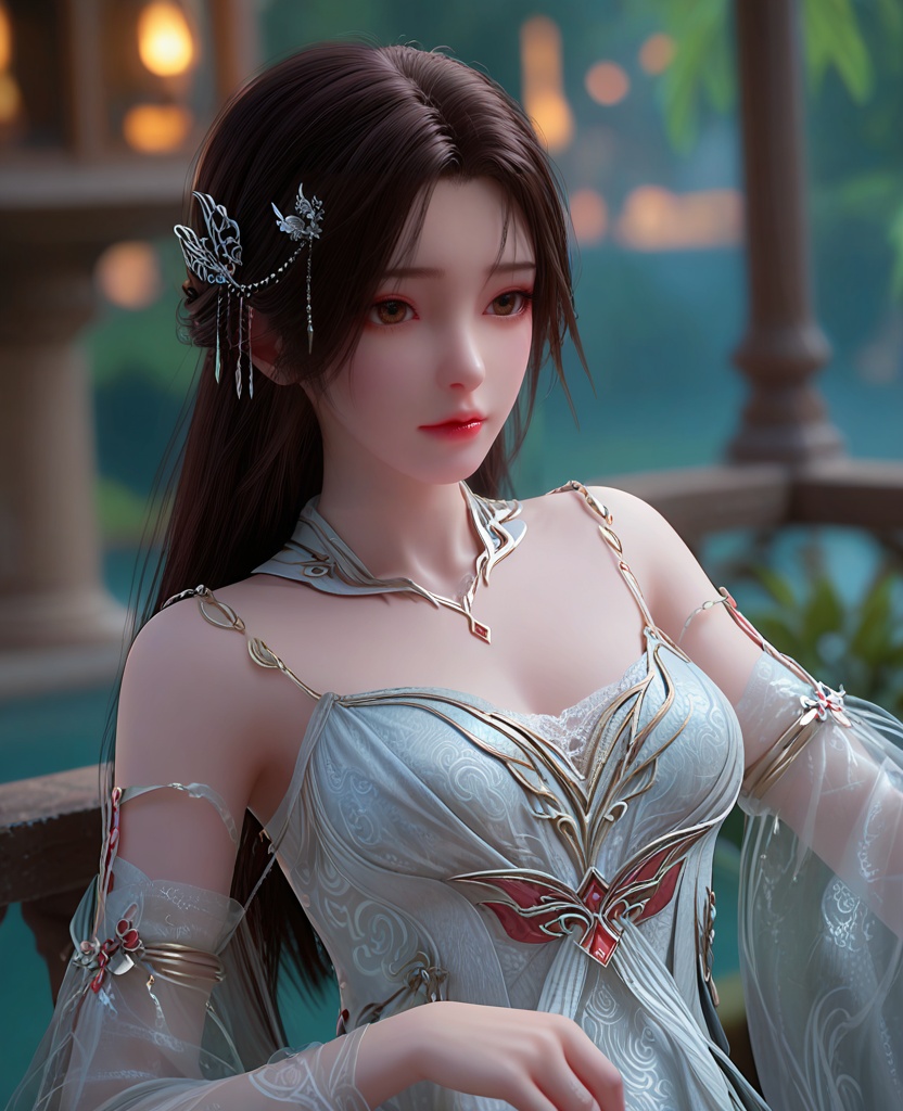 (oriental architecture, elegant decor, sophisticated style:1.1),Leaning forward, her fingers lightly playing with a lock of hair, she emanates a playful flirtation,(breasts:1.2),<lora:XL完美世界白衣火灵儿:0.95>,miss bailinger,solo,white chiffon dress,jewelry,detached sleeves of see-through,brown eyes,black hair,long hair,hair ornament,armlet,lips,necklace,eyelashes,bare shoulders,, zPDXL2, score_9, score_8_up, score_7_up BREAK realistic, masterpiece,best quality, highly detailed,, zPDXL3, zPDXL2,zPDXL, zPDXLxxx, zPDXLrl,