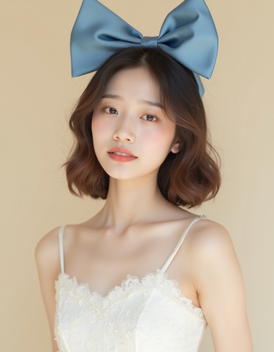 A photograph features a young Asian woman with fair skin and a slender build. She has wavy, light brown hair adorned with a large, satin blue bow. Her makeup is subtle, with a natural look. She wears a white, sleeveless, textured dress with delicate floral patterns. Her expression is calm and serene as she gazes slightly to the side. The background is a plain, light beige, ensuring the focus remains on her. The image has a soft, dreamy quality, emphasizing elegance and innocence.