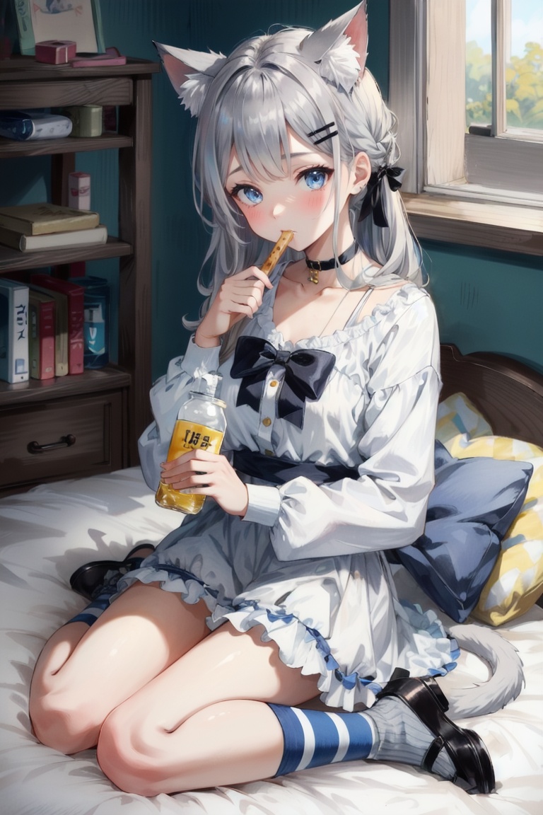 1girl, tail, animal ears, cat ears, food, grey hair, cat tail, blue eyes, cat girl, eating, sitting, solo, long hair, wariza, hair ornament, looking at viewer, slippers, holding, socks, striped, bottle, long sleeves, bow, black footwear, white dress, bangs, dress, holding food, virtual youtuber, striped socks, black bow, hairclip, pillow, choker