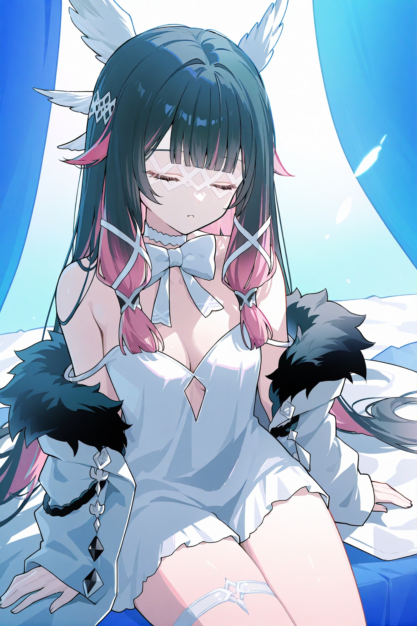 yejji,Ryuzaki Ichi,Rosuuri,ka ra ra ge tsu ne,Columbina\(genshin impact\), 1girl, eye mask, solo, multicolored hair, breasts, white mask, black hair, long hair, closed eyes, fur trim, sitting, two-tone hair, coat, cleavage, bare shoulders, fur-trimmed coat, off shoulder, white bow, bow, white coat, sleeping, wings, wing hair ornament, medium breasts, head wings, pink hair, streaked hair, thighs, blunt bangs