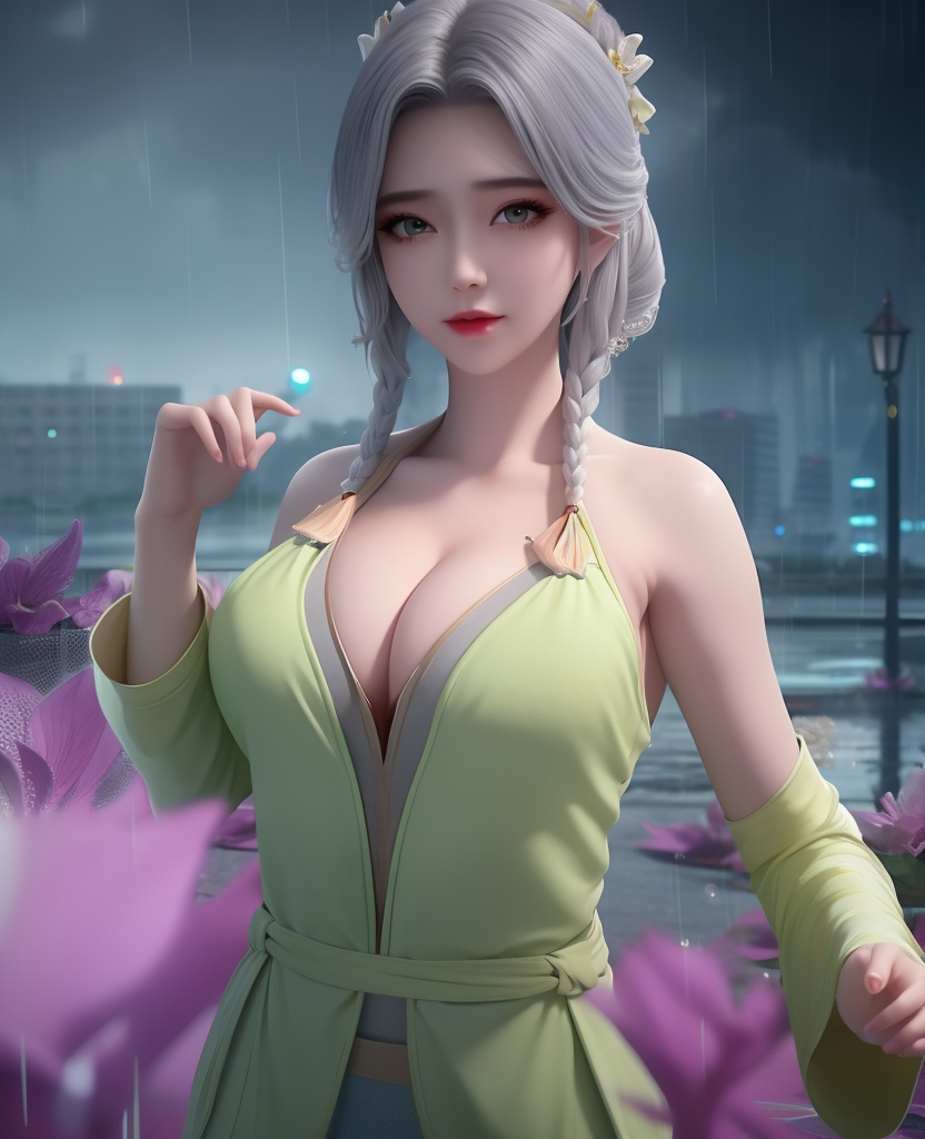 <lora:650-DA-完美世界-宁川的妈:0.8>(,1girl, ,best quality, ),looking at viewer,masterpiece, (( , )),,ultra realistic 8k cg, ,      ,building, bare_shoulders,cleavage cutout, eyelashes,magic,hydrokinesis,sweat, wet, rain, ,       (cleavage), (),