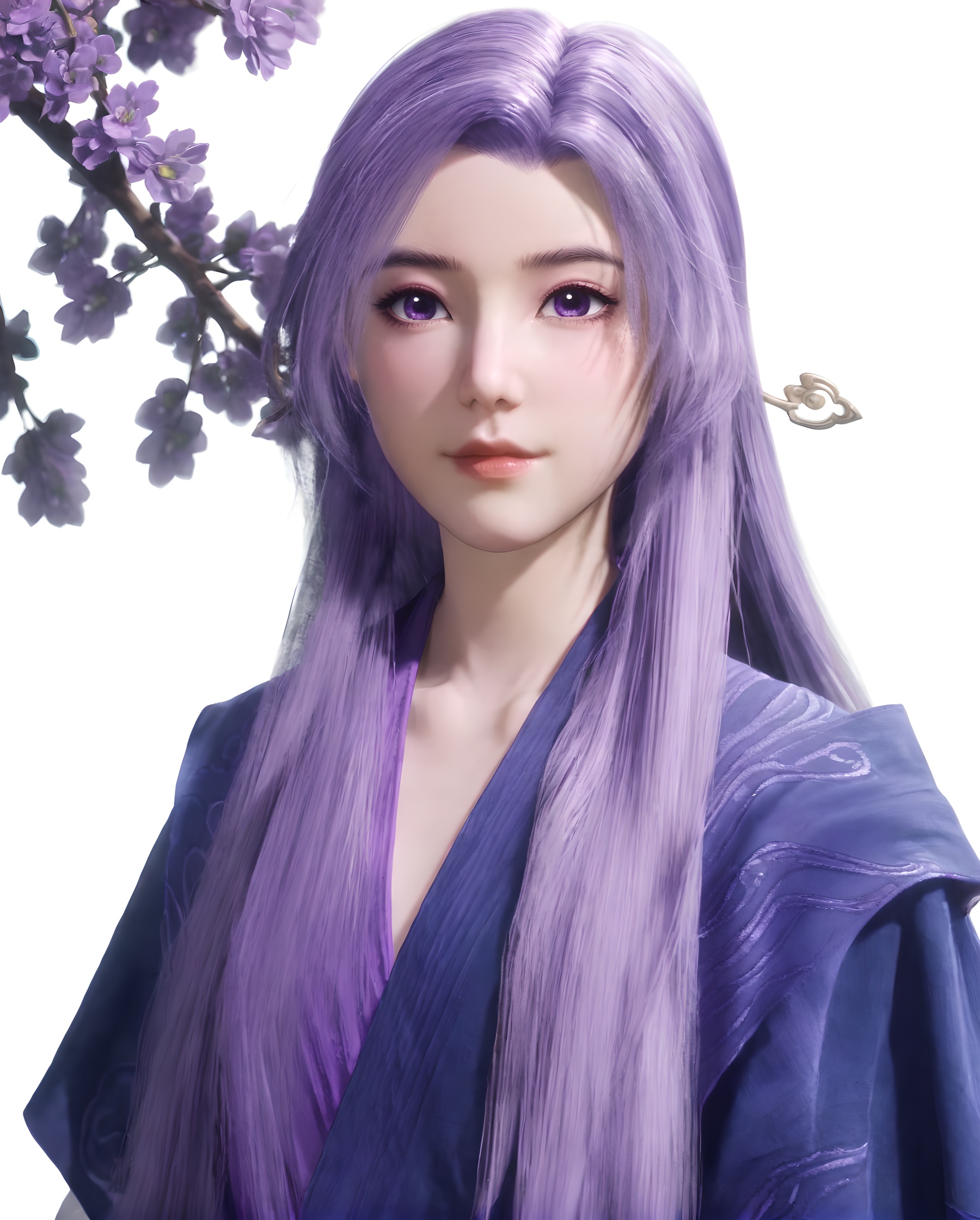 <lora:SF_YunXiaoNew_Pony_Realism-000003:0.7>,1girl,solo,flower,bule clothes,purple eyes,hair ornament,standing,looking at viewer,branch,purple hair,long hair,white background,