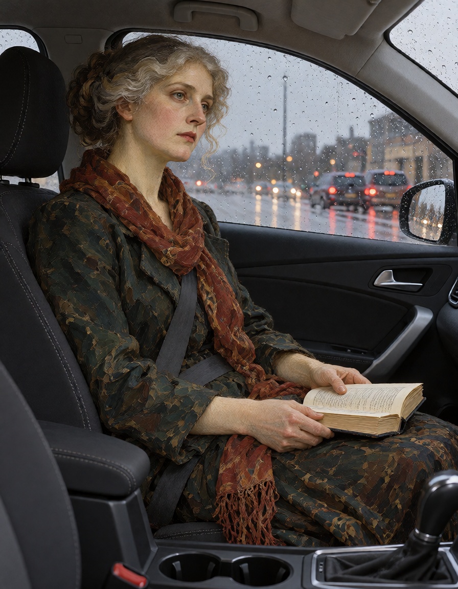 an ***** white woman rendered as a Pre-Raphaelite oil-painted figure sits in a modern car passenger seat with a book; car...