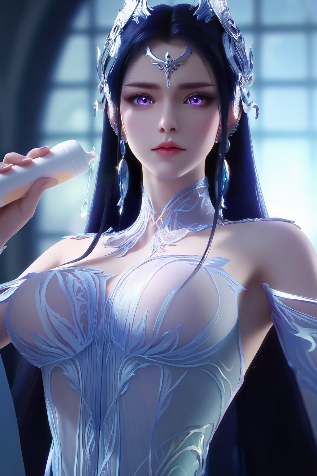 (Applying lotion to her body,:1.2),(looking at viewer:1.1),<lora:XL16神国之上叶婵宫:0.95>,miss yechangong,sheer blue chiffon corset gown,violet eyes,forehead pendan,black hair,very long hair,hair ornament,earrings,jewelry,(large breasts:1.2),, score_9,score_8_up,score_7_up,score_6_up,score_5_up,score_4_up,3d rendering,tag1,tag2, Cinematic Lighting,backlighting,