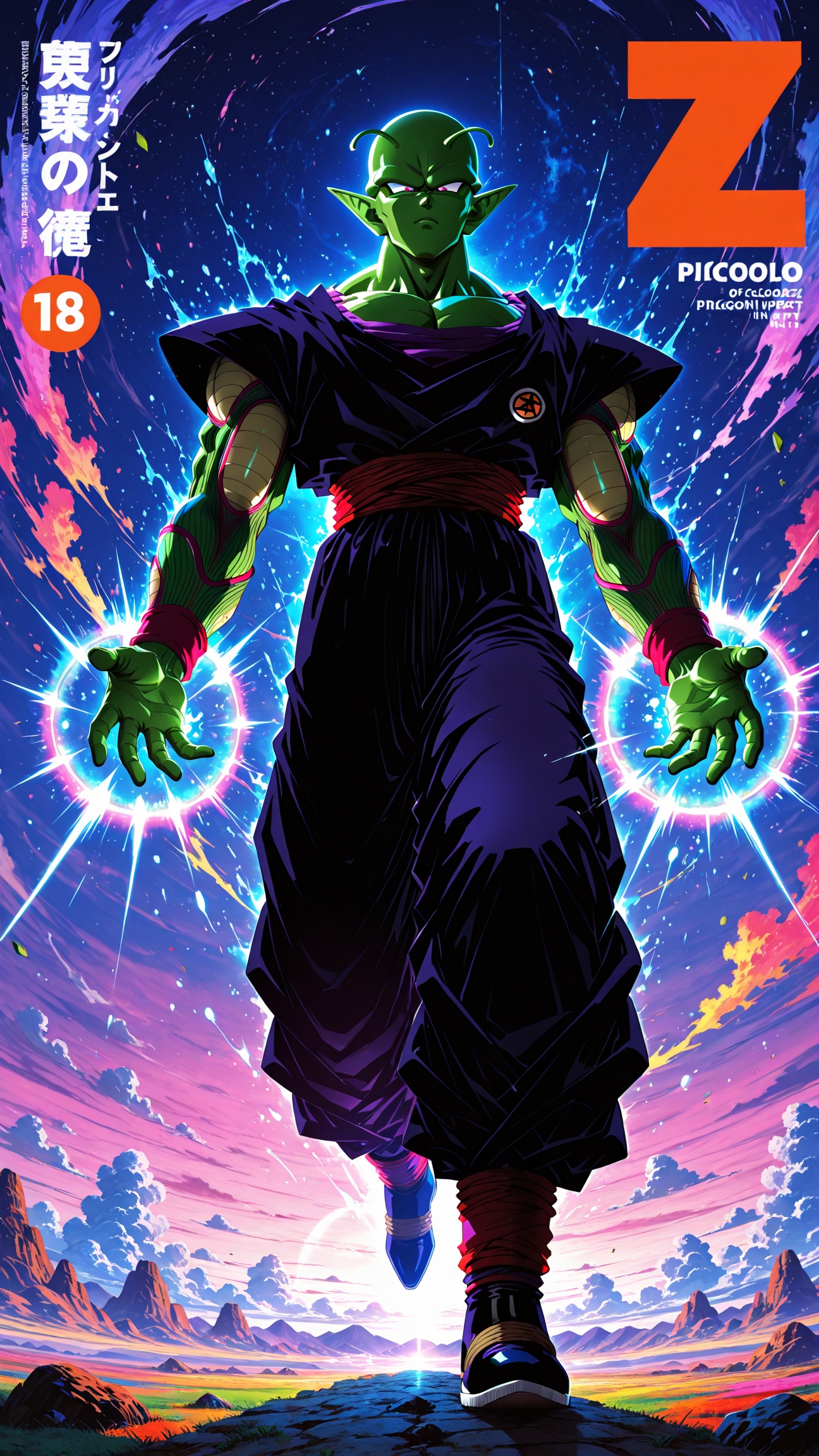 (masterpiece, best quality:1.2),Piccolo,dragon ball,1boy,male focus,solo,A shot with tension,(Visual impact,giving the poster a dynamic and visually striking appearance:1.2),impactful picture,(masterpiece, best quality:1.2),offcial art,colorful,splash of color,movie perspective,advertising style,magazine cover,a photograph of Piccolo from Dragon Ball Z,dressed in night clothes,