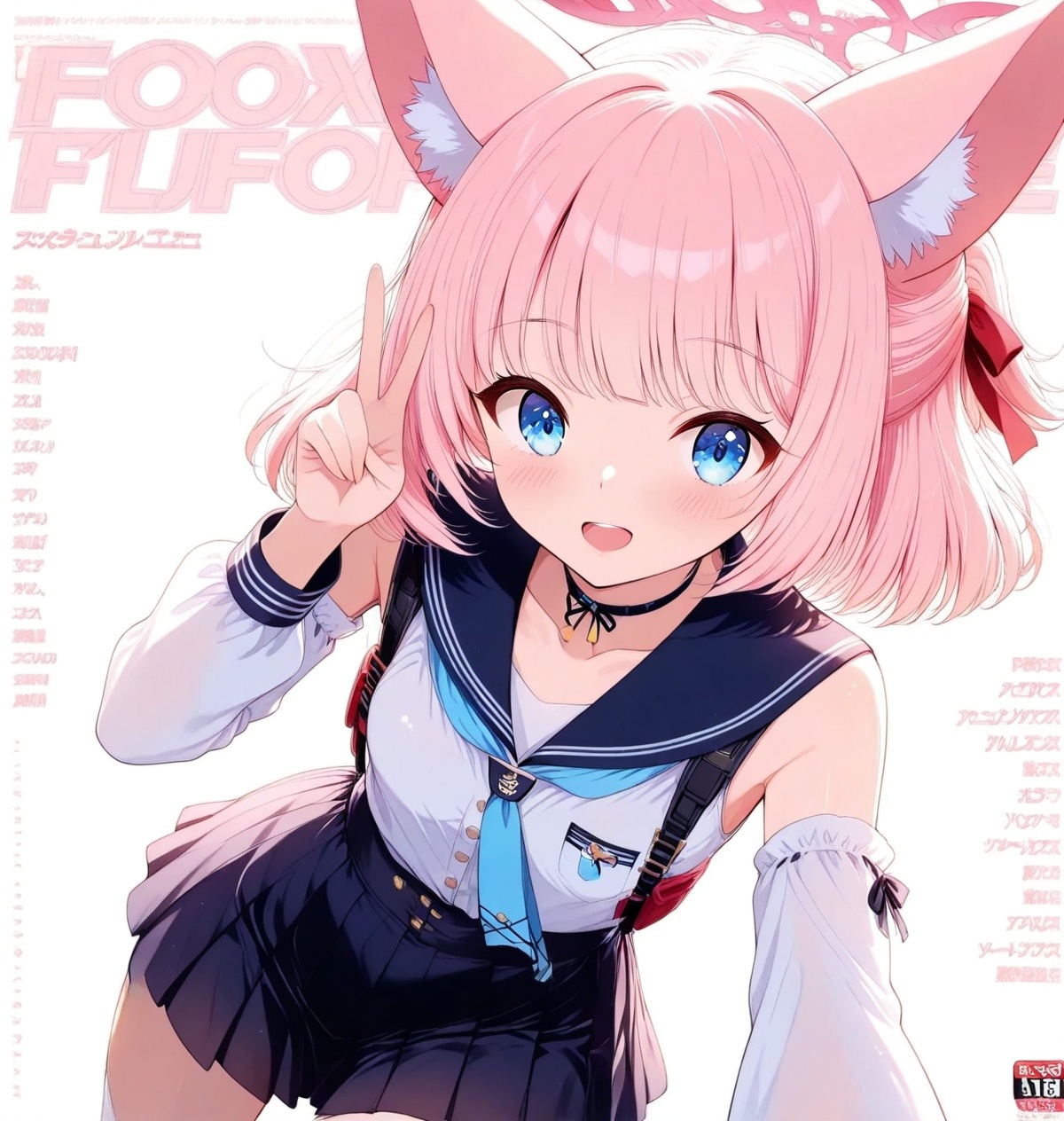 ultra detailed anime texture,O,Yazawa Nico(blue archive),Yazawa Nico(blue archive),1girl, animal ears, solo, blue eyes, halo, pink hair, v, detached sleeves, white background, simple background, looking at viewer, fox ears, smile, short hair, animal ear fluff, ribbon, open mouth, collarbone, blush, bangs, sailor collar, skirt, hair ribbon, buttons, choker, medium hair,(aesthetics ),masterpiece,best quality,ultra high definition,32K resolution,clear focus,delicate details,high-end texture,fashion photography,film perspective,rich colors,color palette,advertising style,tension composition,masterpiece,mild atmosphere,latest,dynamic Dutch perspective,transparent composition,magazine cover,cover,
