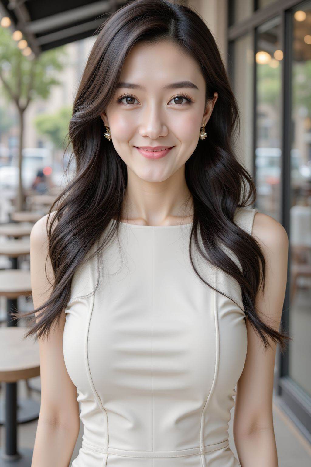 This is a  beautiful photograph of a woman, black hair cascading over her shoulders. She is wearing a white boatneck dress, Standing in a cafe. Looking at the viewer. Smile.