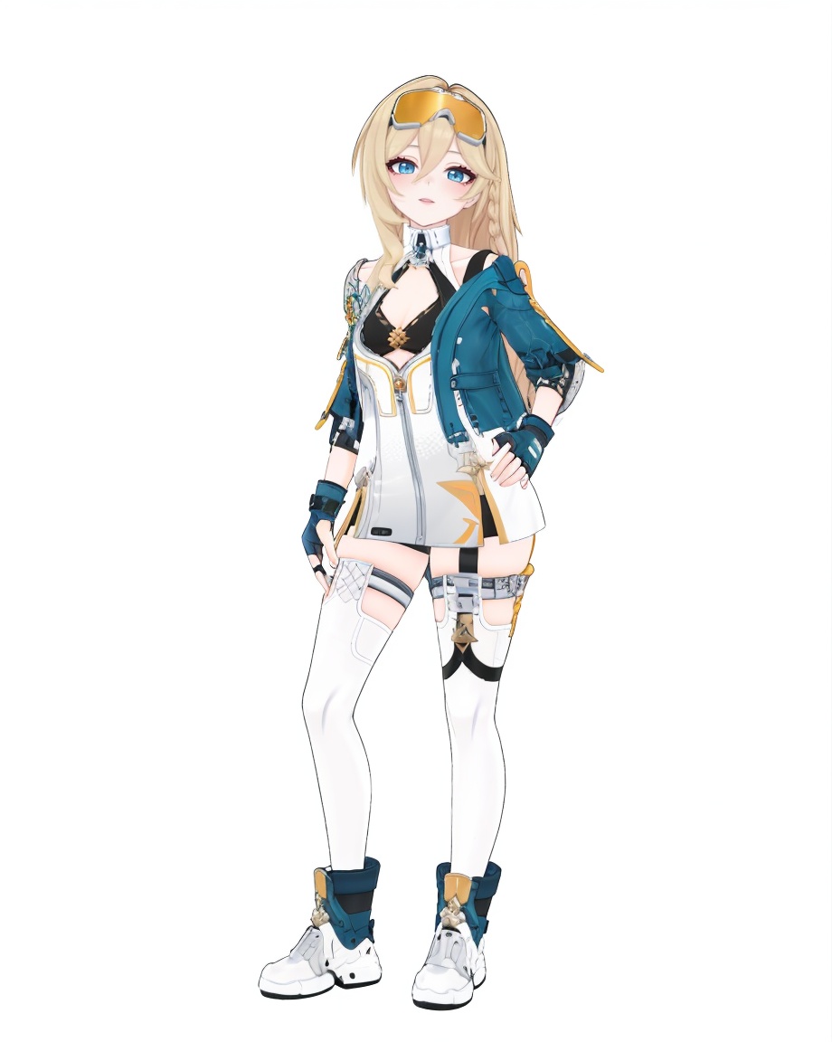 8k,best quality,masterpiece,(ultra-detailed),(high detailed skin),(by nanoless, by misumi \(macaroni\),:0.5),A full-body portrait of a young girl,standing gracefully,pastel art style,high-key lighting,shoujo manga influence,hd quality,delicate details,full body,full shot,standing,looking at viewer,(solo:1.2),simple background,white background,<lora:dertg-sd-Tanger:0.8>,durandal \(sky bright and clear\) \(honkai impact\),dertg,dertg clothes,1girl,gloves,blue eyes,blonde hair,fingerless gloves,thighhighs,jacket,virtual youtuber,blue jacket,