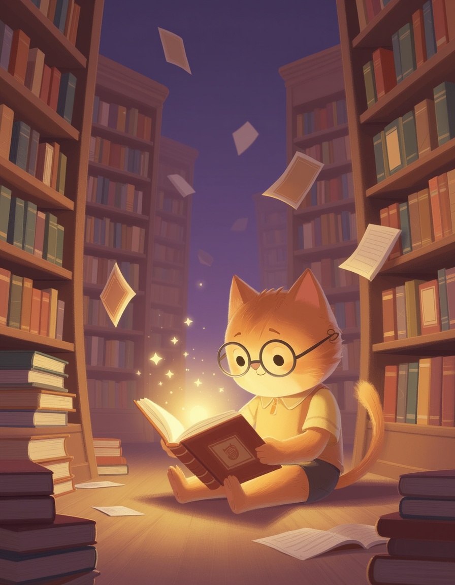 "Digital art painting,  whimsical and cozy style,  a small boy reading a glowing magical book in an enormous library with...