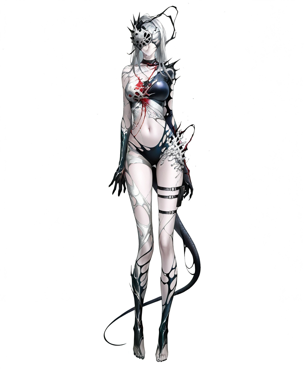 masterpiece,best quality,<lora:wqmt-gnoob-Tanger:1>,Path to Nowhere  \(video game\),game CG,1girl, solo, navel, long hair, breasts, white background, full body, simple background, medium breasts, standing, grey hair, white hair, tail, torn clothes, barefoot, thigh strap