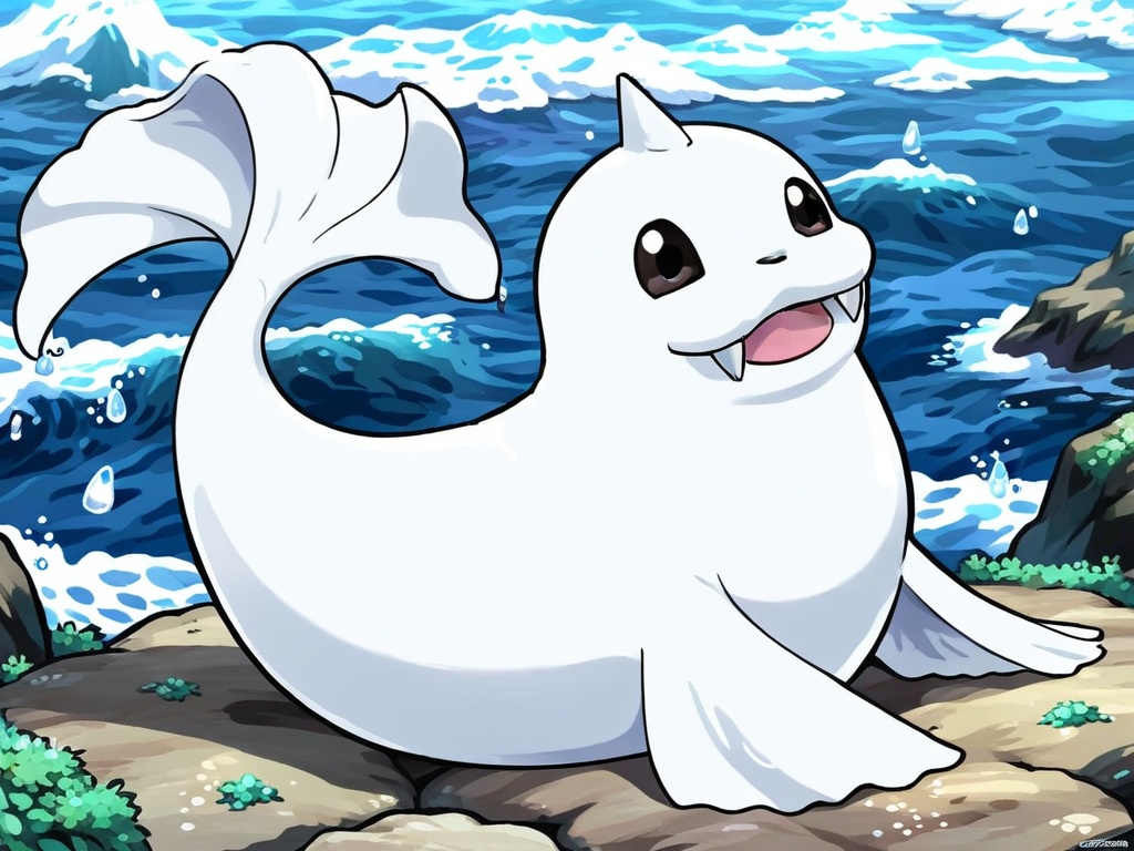 Masterpiece,Best Quality,dewgong,white body,full body,feral,solo,flipper,no humans,pokemon \(creature\),single horn,ocean,<lora:dewgongXL:0.9>,blush,crying,