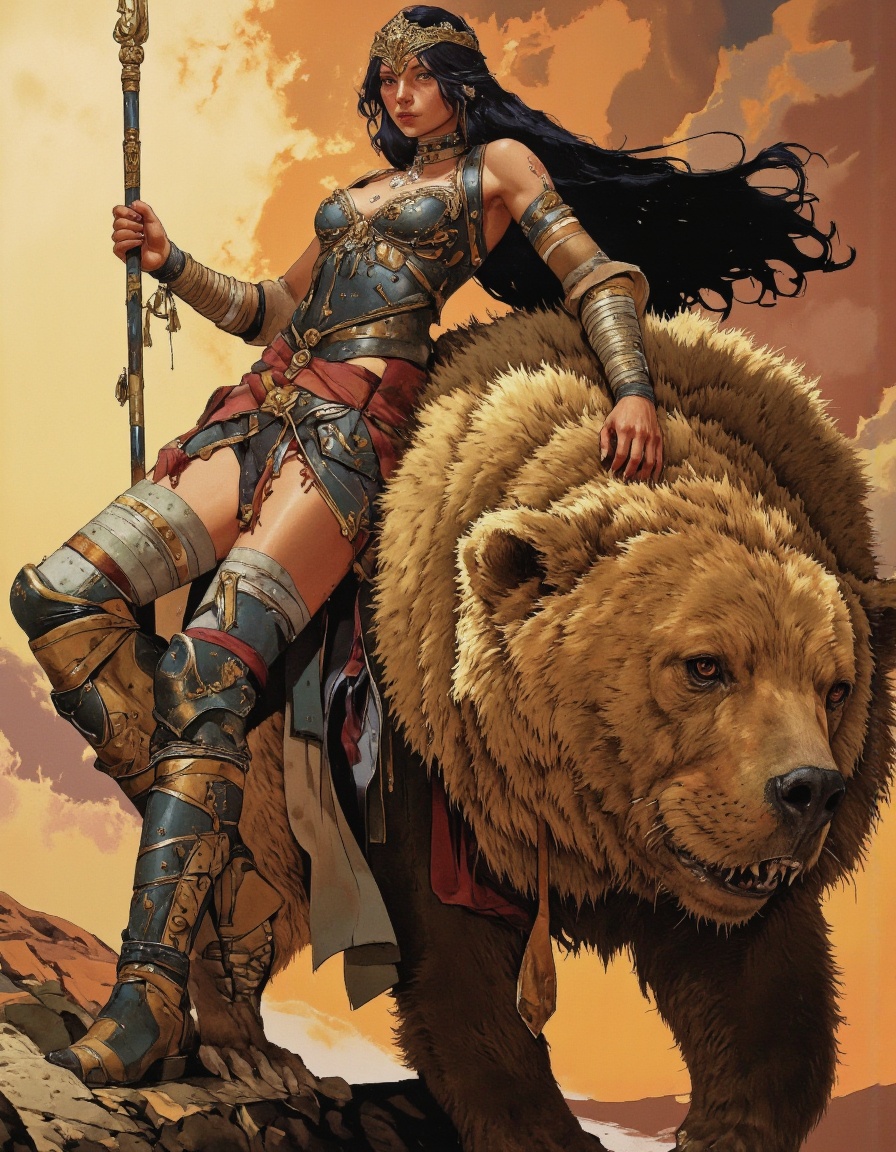 By Phandigrams. A highly detailed and realistic digital illustration of a fierce female warrior riding on the back of a la...