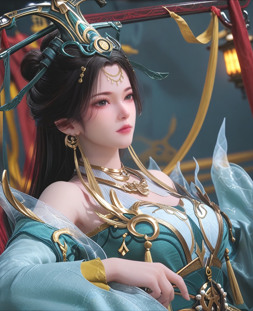 (oriental architecture, elegant decor, sophisticated style:1.1),(lying face down, head toward the camera:1.1),(breasts:1.2),<lora:XL师兄啊王母娘娘:0.95>,empress,aque dress paired with a green tight corset,black hair,long hair,hair bun,hair ornament,tassel earrings,jewelry,tassel,double cuffs,choker,bare shoulders,see-through decorative chiffon,black eyes,, score_9,score_8_up,score_7_up,score_6_up,score_5_up,score_4_up,3d rendering,tag1,tag2, Cinematic Lighting,backlighting,