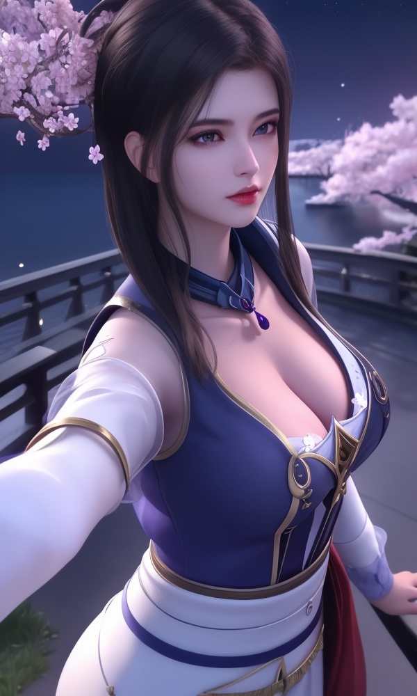 (,1girl, ,best quality, ),looking at viewer, <lora:432-DA-少年歌行-陈飞瑶:0.8> ,, ,masterpiece,(( , )),, realistic,science fiction,mole,,ultra realistic 8k cg,     ,cherry blossoms,,night, night sky, crescent moon, moonlight,,(facing viewer, looking at viewer, , ),  (cleavage), (),