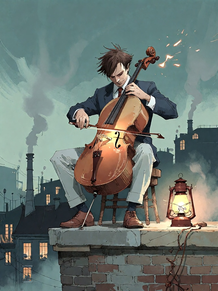 Bradhamel art style.A lone musician with spiky dark hair sits atop a weathered stone rooftop in a misty,  dimly lit indust...