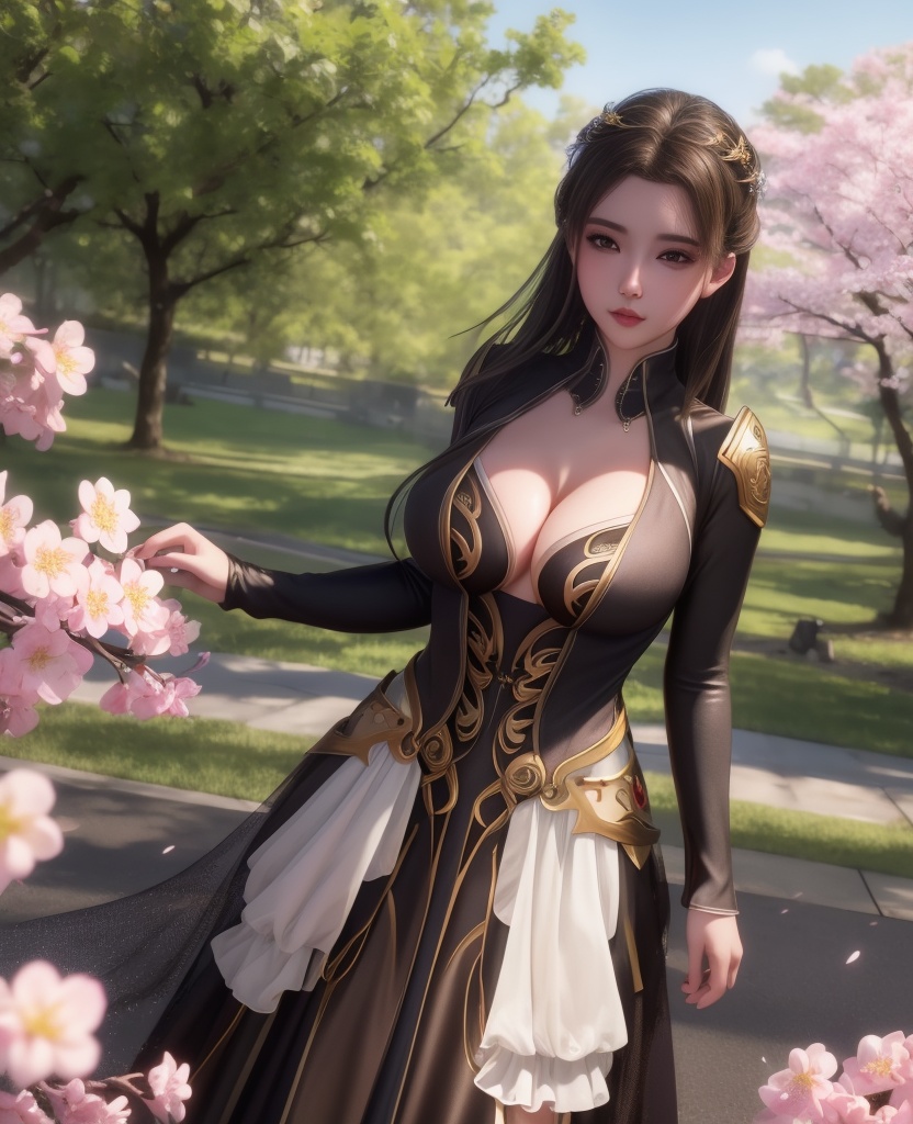 <lora:548-DA-师兄啊师克-碧霄:0.8>(,1girl, ,best quality, ),looking at viewer,  ultra detailed background,ultra realistic 8k cg,ultra detailed 8k cg,masterpiece,upper body,  (( , )),, ,science fiction,mole, ultra realistic 8k cg, ,    ,outdoors, sun,sunlight, cherry blossoms,      (cleavage), (),